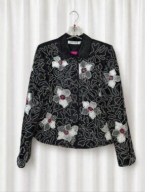 Anage Vintage Black Silk Beaded Embroidered Floral Cropped Statement Jacket